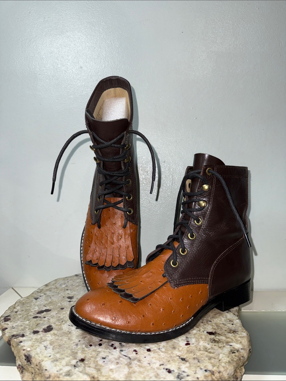 Dan Post Two-Tone Leather Brown Cognac Lace-Up Western Kilty Packer Boots 6 D